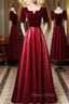 Burgundy Velvet Satin Short Sleeve Formal Prom Dresses