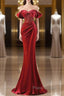 Burgundy Velvet Sequins Long Formal Prom Dresses, Mermaid Off The Shoulder Party Dresses With Slit