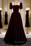 Burgundy Velvet Short Sleeve Bow Formal Prom Dresses