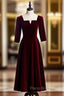 Burgundy Velvet Short Sleeve Square Tea Length Formal Prom Dresses
