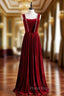 Burgundy Velvet Sleeveless Pearls Long Formal Prom Dresses