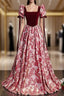 Burgundy Velvet Square Neck Puff Sleeve Formal Prom Dresses