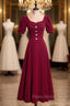 Burgundy Velvet Square Puff Sleeve Formal Prom Dresses