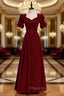 Burgundy Velvet Square Short Sleeve Long Formal Prom Dresses