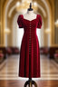 Burgundy Velvet Square Short Sleeve Formal Prom Dresses