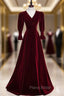 Burgundy Velvet V-neck Long Sleeve Button Formal Prom Dresses