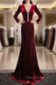 Burgundy Velvet V-neck Long Sleeve Formal Prom Dresses
