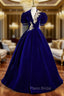Burgundy Velvet V-neck Puff Sleeve Appliques Formal Prom Dresses
