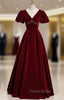 Burgundy Velvet V-neck Puff Sleeve Beading Formal Prom Dresses