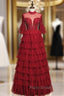 Burugndy Tulle High Neck Backless Beading Formal Prom Dresses
