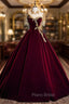 Burugndy Velvet High Neck Short Sleeve Beading Formal Prom Dresses