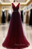 Buy Cheap Pleats Beading Burgundy V Neck Long A Line Tulle Formal Prom Dresses Under 120
