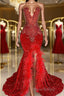 Red Sleeveless Sequins Mermaid Formal Prom Dress with Front Slit Beadings and Feathers