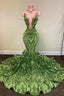Exquisite Green V-neck Sequins Sleeveless Floor-length Mermaid Prom Dresses