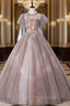 Camel Tulle Appliques Puff Sleeve Backless Quinceanera Dresses