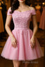 Cap Sleeves Short Pink Lace Formal Prom Dresses, Short Pink Lace Formal Bridesmaid Dresses