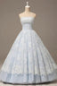 Light Blue Organza Lace Sweetheart A Line Long Prom Dress, Princess Ball Gown Dress