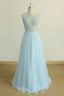 A Line Round Neck Baby Blue Lace Long Prom Dress, With Butterfly