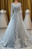 Grey Long Sleeves V Neckline Tulle Formal Prom Dresses, A Line Floor Length Party Dresses