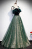 Spaghetti Straps Tulle Lace Green Prom Dress, Floor Length Lace Up Formal Dress