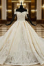 Champagne Ball Gown Satin Off the Shoulder Appliques Wedding Dresses