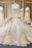 Champagne Ball Gown Satin Sequins Long Sleeve Wedding Dresses With Train