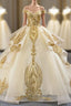 Champagne Ball Gown Tulle Gold Sequins Appliques Off the Shoulder Formal Prom Dresses