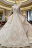 Champagne Ball Gown Tulle Lace Long Sleeve Backless Wedding Dresses With Beading