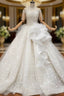 Champagne Ball Gown Tulle Lace Off the Shoulder Short Sleeve Wedding Dresses