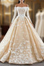 Champagne Ball Gown Tulle Off the Shoulder Appliques Long Sleeve Formal Prom Dresses