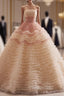 Champagne Ball Gown Tulle Pleats Strapless Formal Prom Dresses