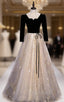 Champagne Black Tulle Short Sleeve Sequins Formal Prom Dresses