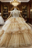 Champagne Gold Ball Gown Tulle Sequins Off the Shoulder Beading Wedding Dresses