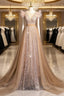 Champagne Gold Sequins Tulle Formal Prom Dresses