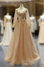 Champagne Gold Tulle Sequins Long Sleeve Appliques Formal Prom Dresses