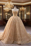Champagne Gold Tulle Sequins Strapless Formal Prom Dresses
