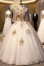 Champagne Gold Tulle Short Sleeve Appliques Quinceanera Dresses