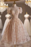 Champagne Lace Short Sleeve Beading Short Formal Prom Dresses
