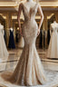 Champagne Mermaid Deep V Neck Tulle Sequin Beaded Long Formal Prom Dresses Sexy Evening Dresses