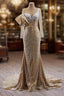 Champagne Mermaid Long Sleeve Beading Formal Prom Dresses