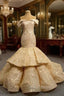 Champagne Mermaid Off the Shoulder Appliques Formal Prom Dresses