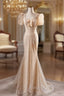 Champagne Mermaid Puff Sleeve Pearls Formal Prom Dresses