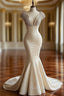 Champagne Mermaid Satin Beaded V-Neck Long Ball Dresses, Elegant Evening Dresses