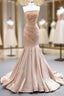 Champagne Mermaid Satin Strapless Beading Sequins Formal Prom Dresses
