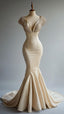 Champagne Mermaid Satin Beaded V-Neck Long Ball Dresses, Elegant Formal Evening Dresses