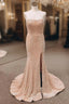 Champagne Mermaid Sequins Strapless Split Formal Prom Dresses