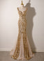 Champagne Mermaid Sequins Straps Long Party Dresses, Champagne Formal Prom Dresses