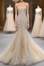 Champagne Mermaid Sequins Tulle Strapless Appliques Formal Prom Dresses
