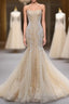 Champagne Mermaid Sequins Tulle Strapless Appliques Formal Prom Dresses
