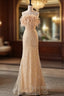 Champagne Mermaid Strapless Sequins Feather Formal Prom Dresses